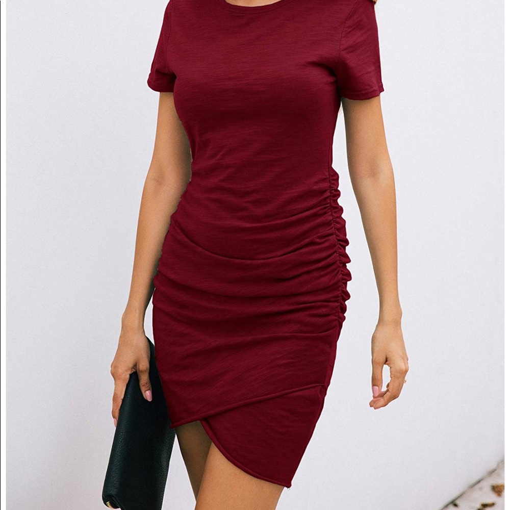 Merlot color ruched stretch bodycon tshirt dress